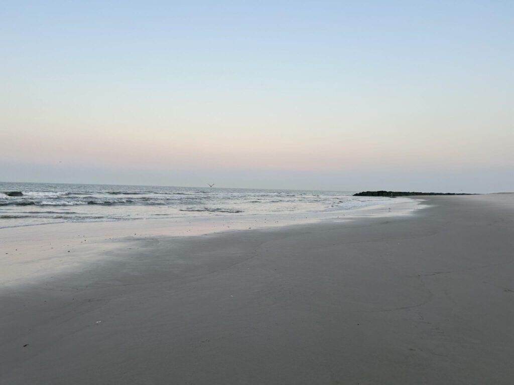 Quiet beach shoreline with soft pastel sky and ocean tones inspiring refined coastal wedding invitation colors