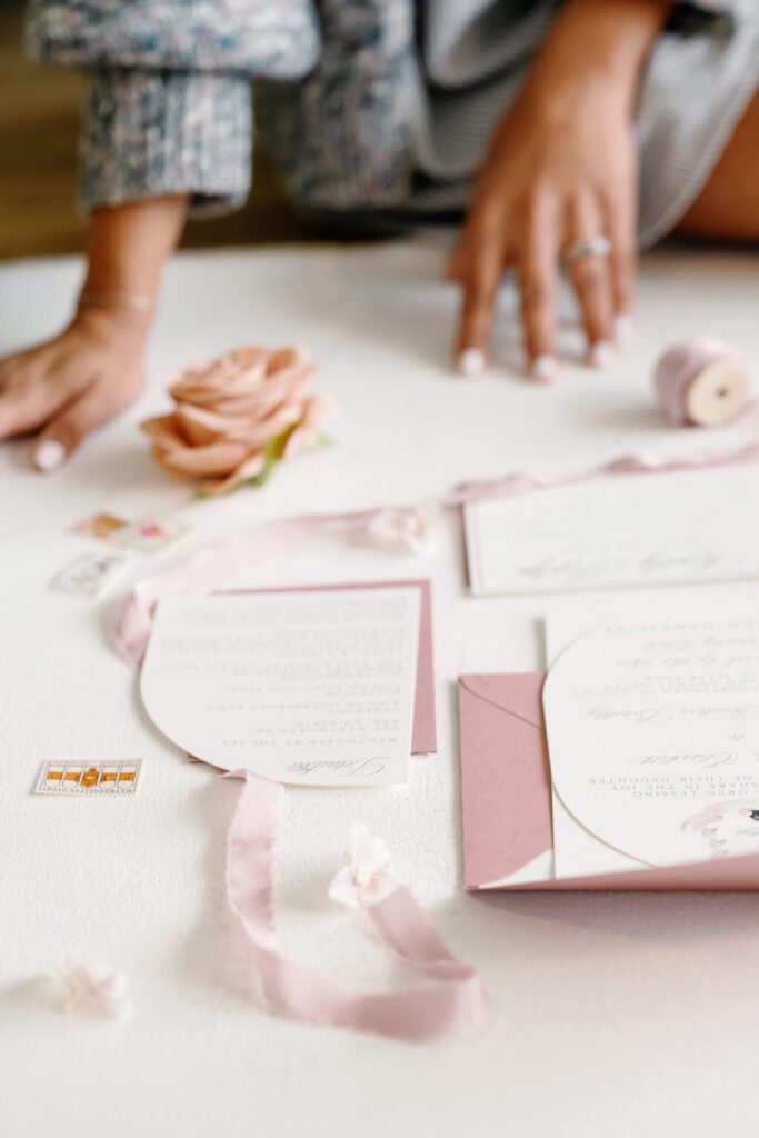 Behind the scenes of styling a wedding invitation flatlay with pink invitation suite and silk ribbon
